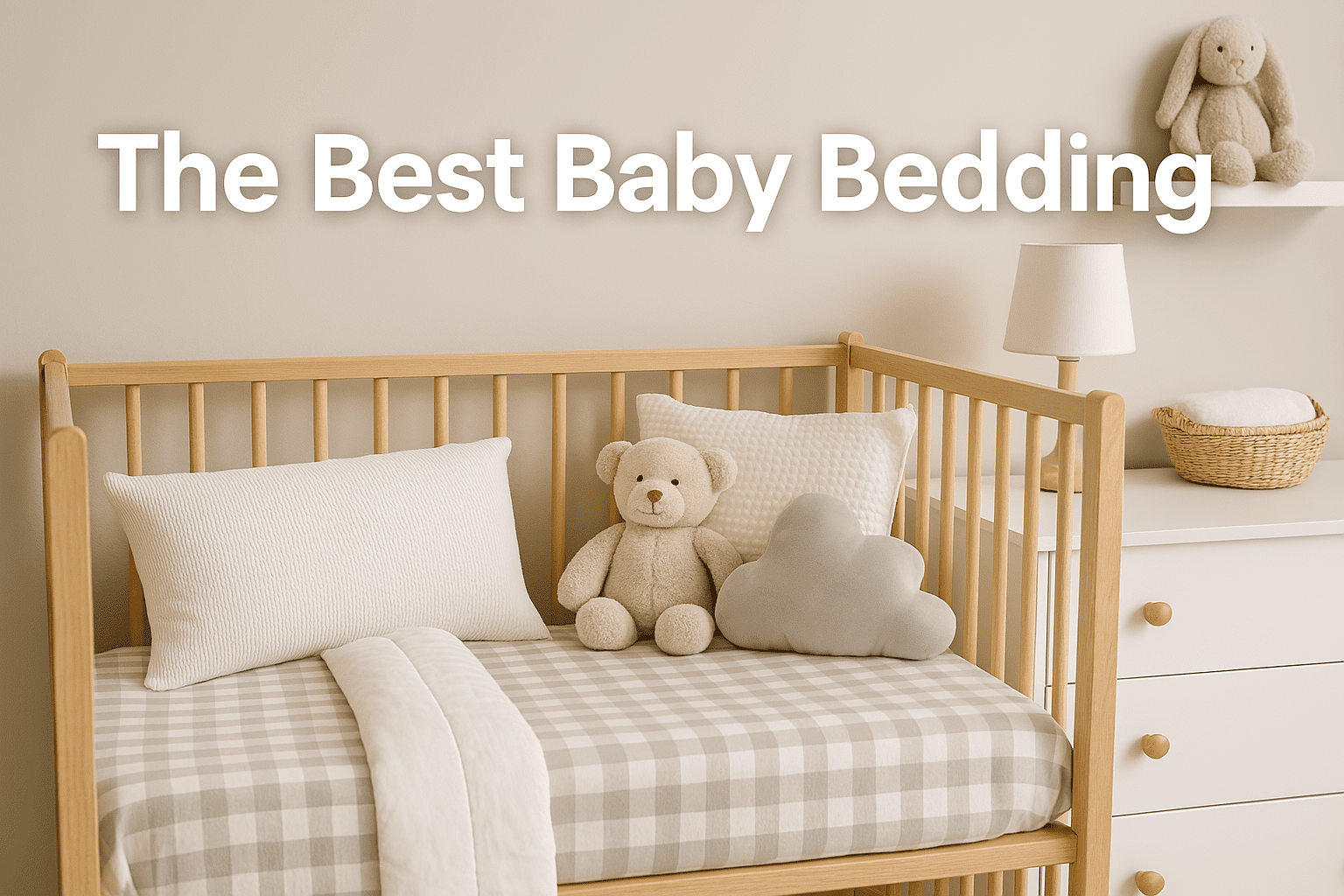 A wooden crib with plaid bedding, a teddy bear, a cloud pillow, and a lamp, next to a dresser, with the text “The Best Baby Bedding” above.
