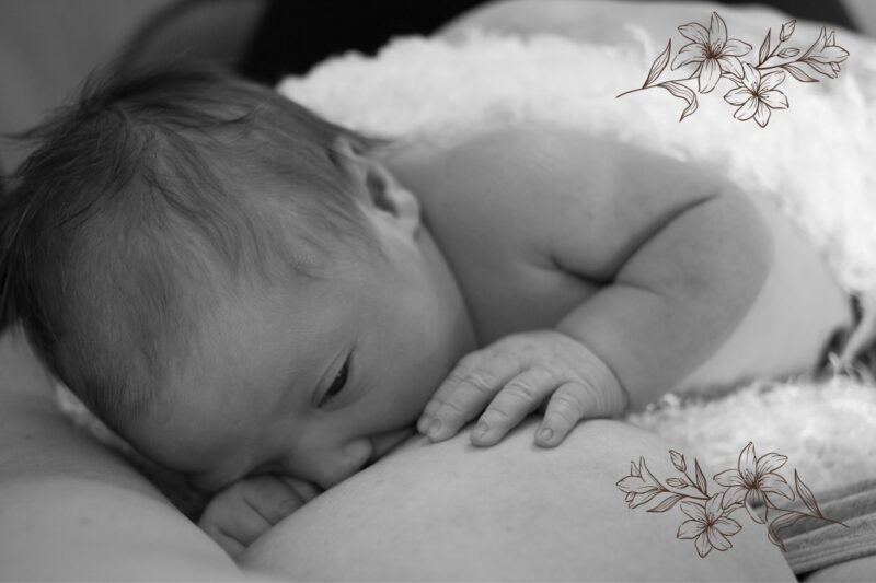 Black-and-white newborn breastfeeding, floral accents