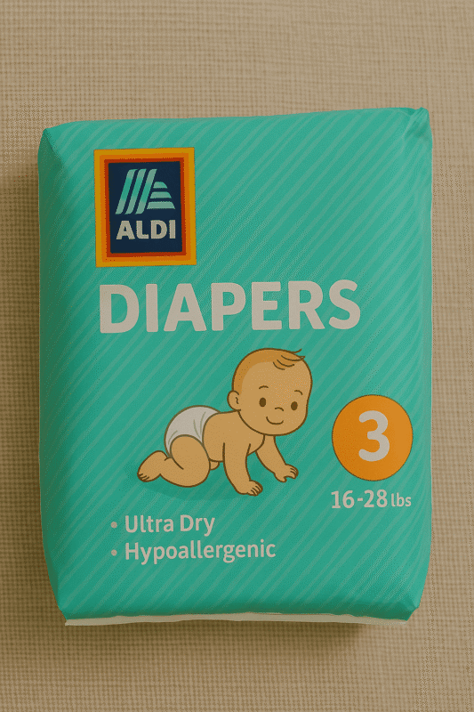 A package of Aldi diapers for babies weighing 16-28 lbs.