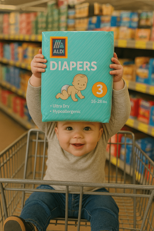A smiling baby sits in a shopping cart holding a box of Aldi size 3 diapers.