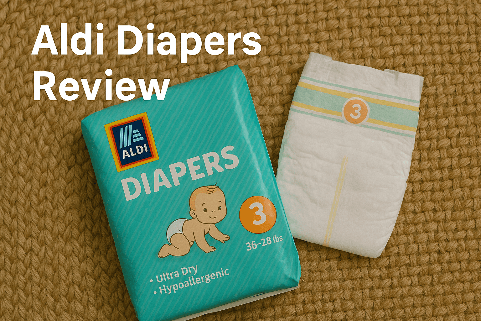 A package of Aldi size 3 diapers and a single diaper are displayed on a woven surface with the text "Aldi Diapers Review.