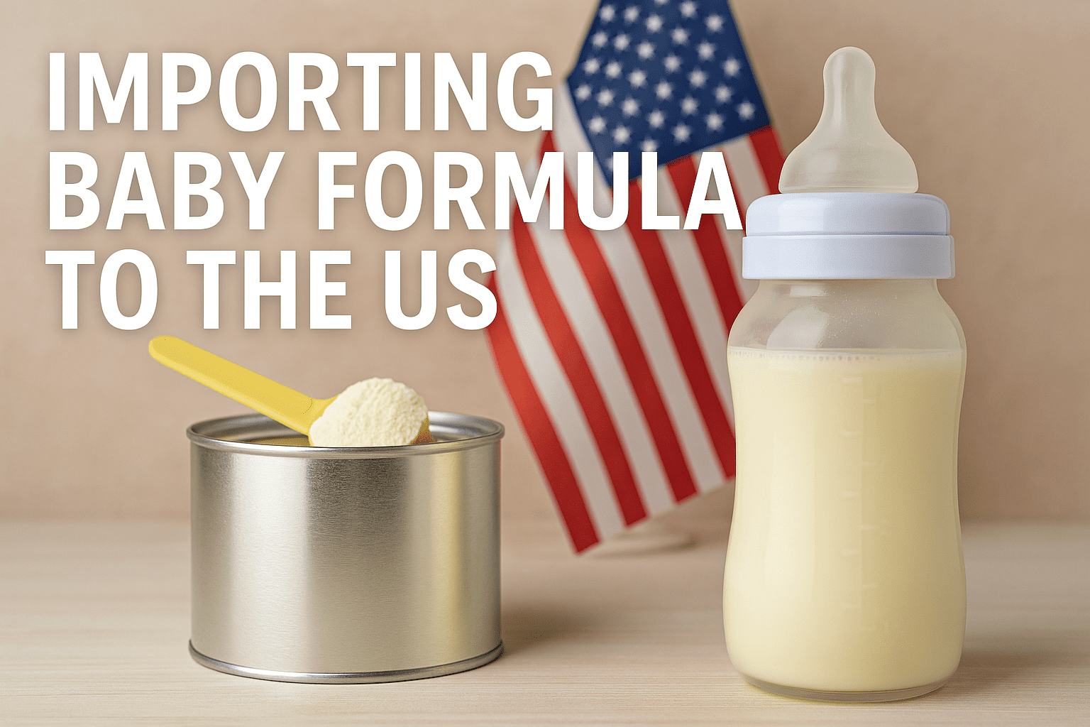 A can of baby formula with a scoop and a filled baby bottle are in front of a US flag, with the text "Importing baby formula to the US.