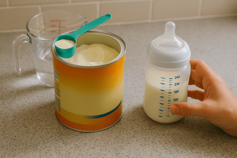 A hand holds a baby bottle filled with formula next to an open container of powdered formula, Perfect for comparing Nutramigen vs Gentlease preparations.