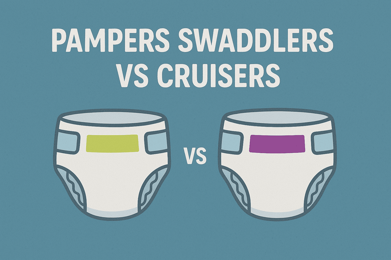 Illustration showing two diapers side by side labeled "Pampers Swaddlers vs Cruisers" with one diaper featuring a yellow tab and the other a purple tab.