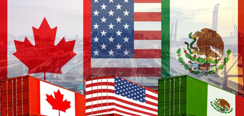Flags of Canada, the United States, and Mexico are overlaid on a port background.