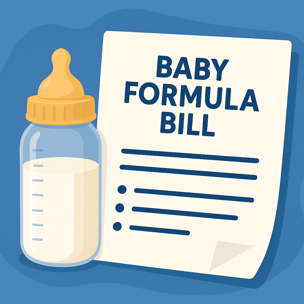 Illustration of a baby bottle filled with formula next to a document labeled "Baby Formula Bill" with bullet points, set against a blue background.