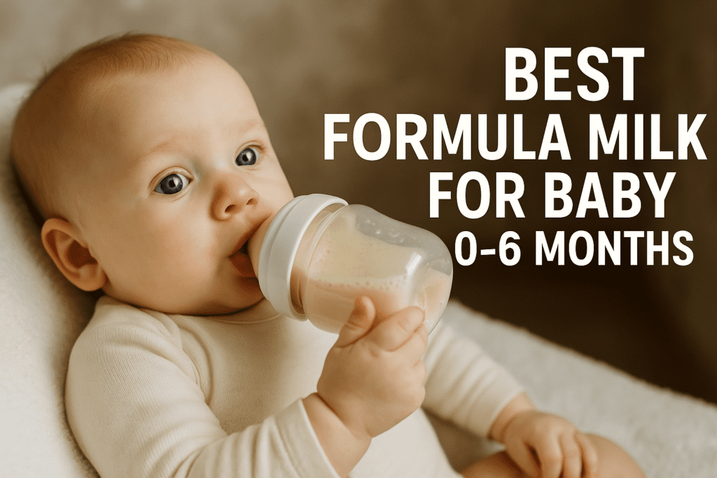 A baby lying down drinks from a baby bottle. Text on the image reads, "Best Formula Milk for Baby 0-6 Months.