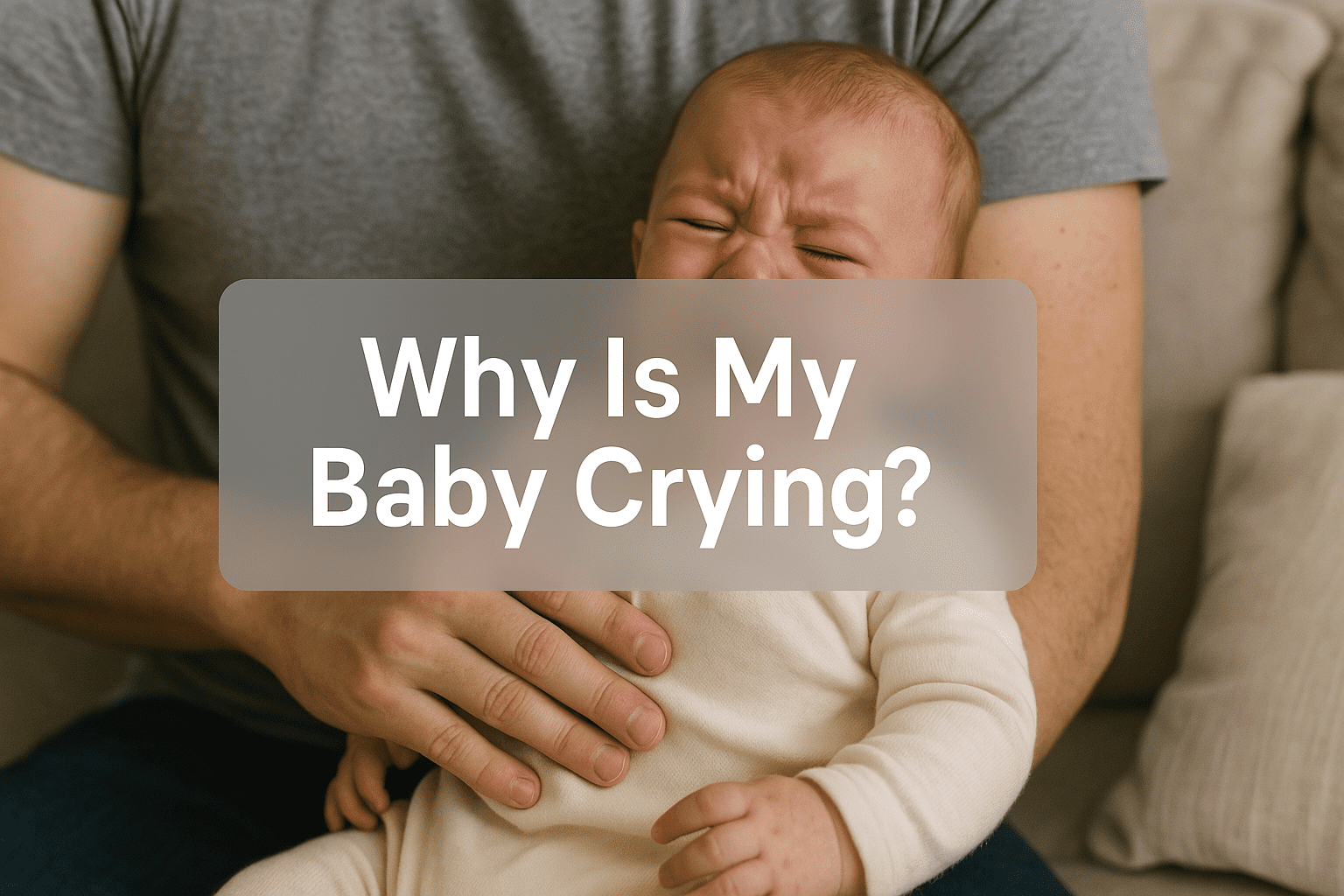 An adult holds a crying baby on their lap. Text overlay reads: "Why Is My Baby Crying?.