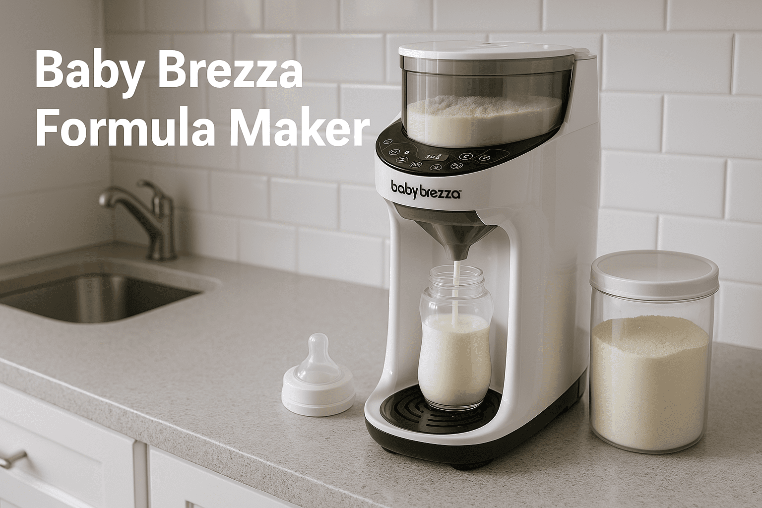 A Baby Brezza formula maker sits on a kitchen counter next to a baby bottle, formula container, and bottle nipple, with a sink in the background.