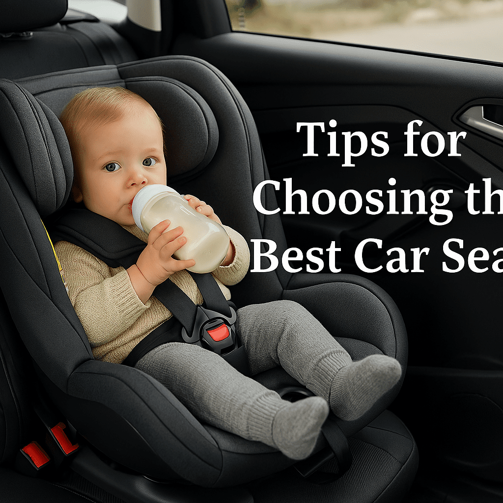 A baby sits in a rear-facing car seat, drinking from a bottle. Text on the image reads, "Tips for Choosing the Best Car Seat.