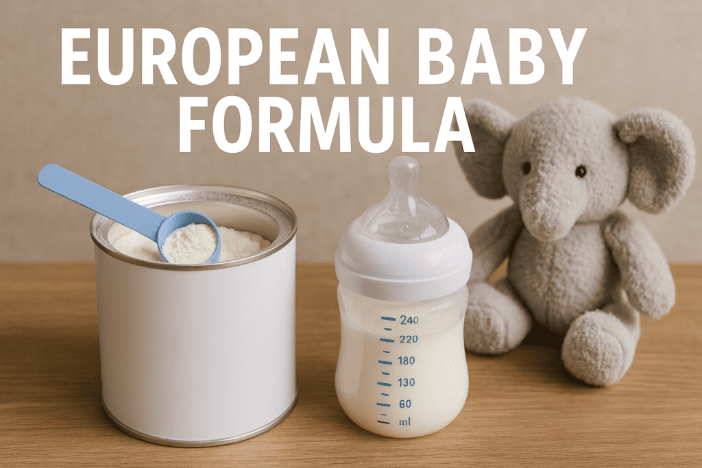 A can of baby formula with a blue scoop, a baby bottle filled with milk, and a gray plush elephant toy on a wooden surface. Text reads "European Baby Formula.