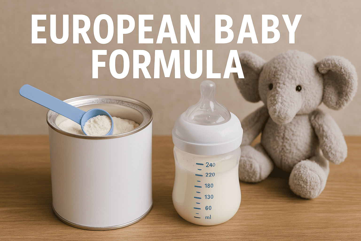 A can of baby formula with a blue scoop, a baby bottle filled with milk, and a gray plush elephant toy on a wooden surface. Text reads "European Baby Formula.