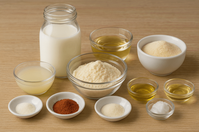 A variety of ingredients for homemade baby formula, including milk, oil, powders, spices, and liquids