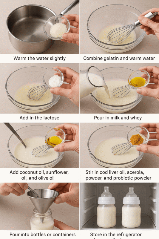 Step-by-step process of preparing homemade baby formula,