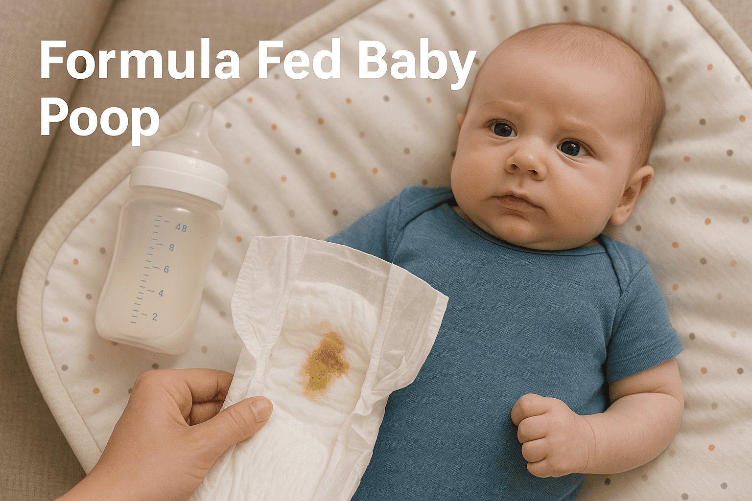 A baby lies on a changing mat next to a bottle while a hand holds a diaper showing a sample of formula-fed baby poop.