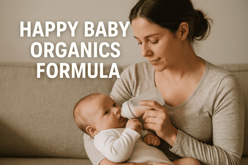 Woman sits on a couch feeding an infant with a bottle. Text on image reads: “HAPPY BABY ORGANICS FORMULA.”.