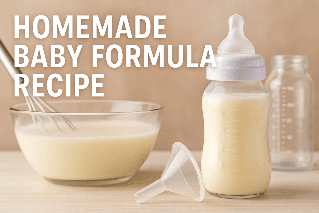 A baby bottle filled with homemade baby formula sits next to a funnel, an empty bottle, and a glass bowl with a whisk; text reads "Homemade Baby Formula Recipe.