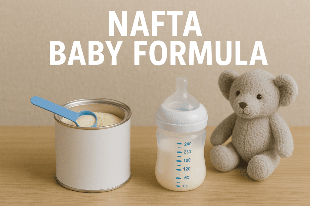 An open can of baby formula with a scoop, a filled baby bottle, and a stuffed teddy bear on a wooden surface. The text reads "NAFTA BABY FORMULA.