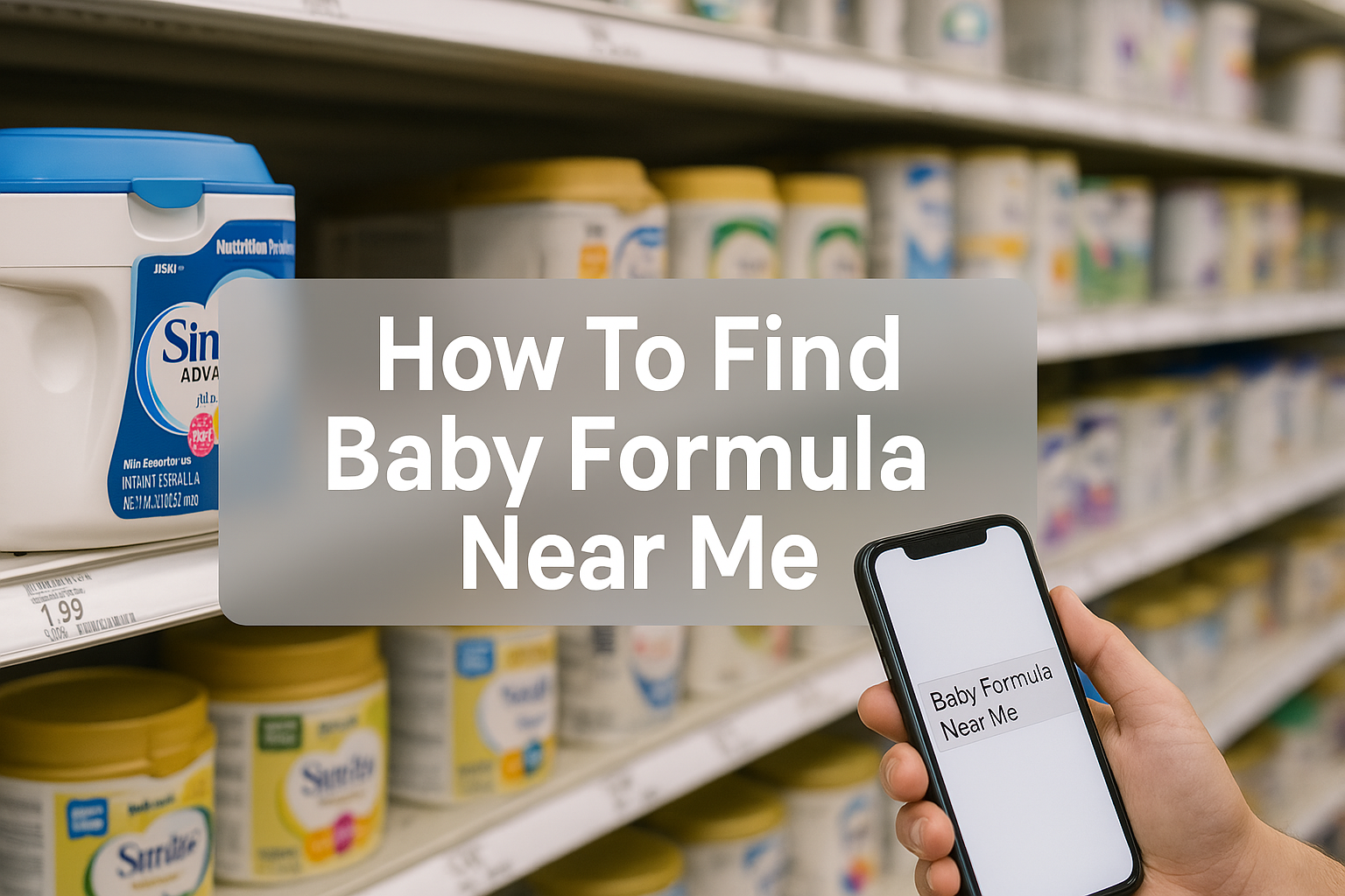 A person holds a phone displaying "Baby Formula Near Me" while standing in front of shelves stocked with baby formula in a store.