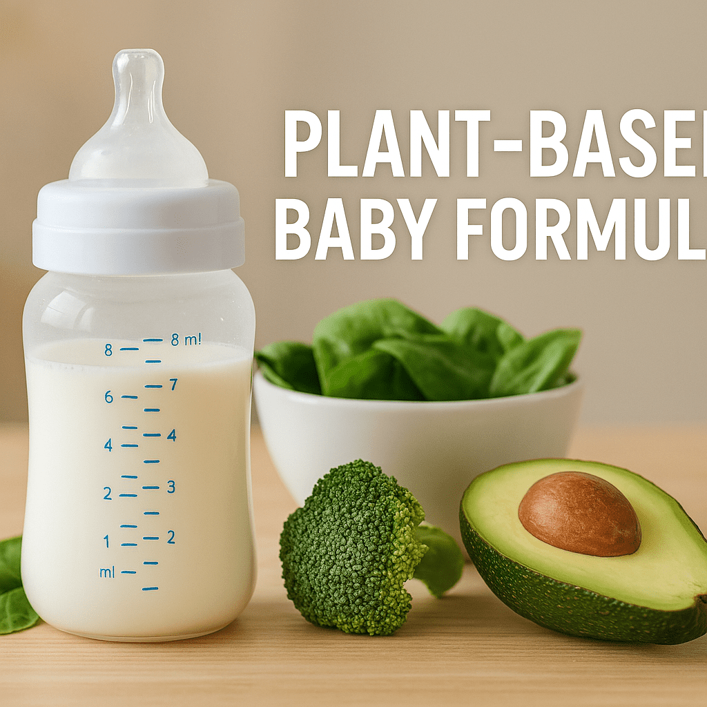 A baby bottle filled with formula stands next to a bowl of spinach, broccoli, and a halved avocado. The text reads "PLANT-BASED BABY FORMULA.