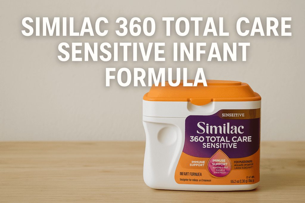 A container of Similac 360 Total Care Sensitive Infant Formula sits on a wooden surface with large text above it displaying the product name.