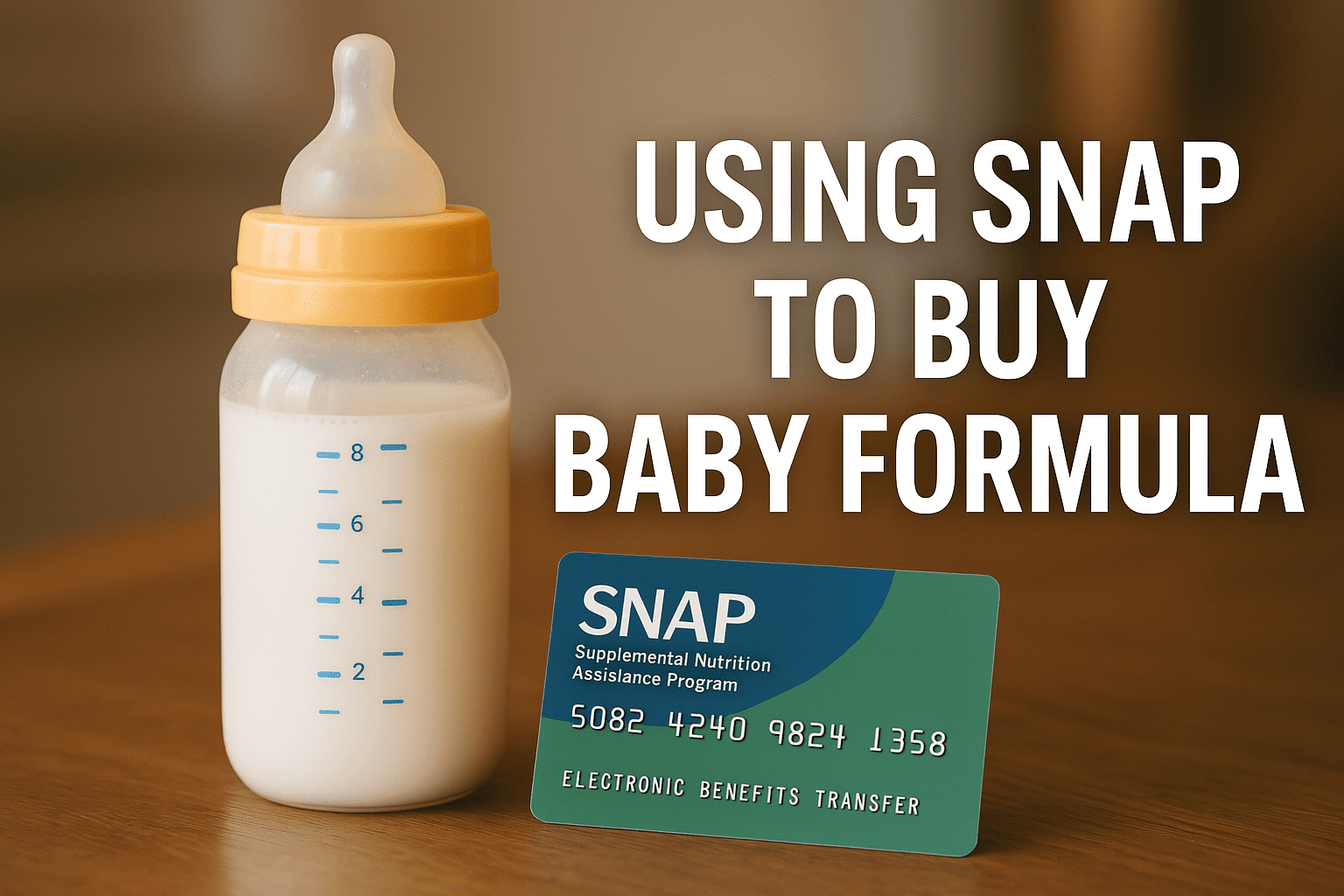 A baby bottle filled with formula sits next to a SNAP EBT card on a wooden table, with the text "Using SNAP to Buy Baby Formula" in the background.