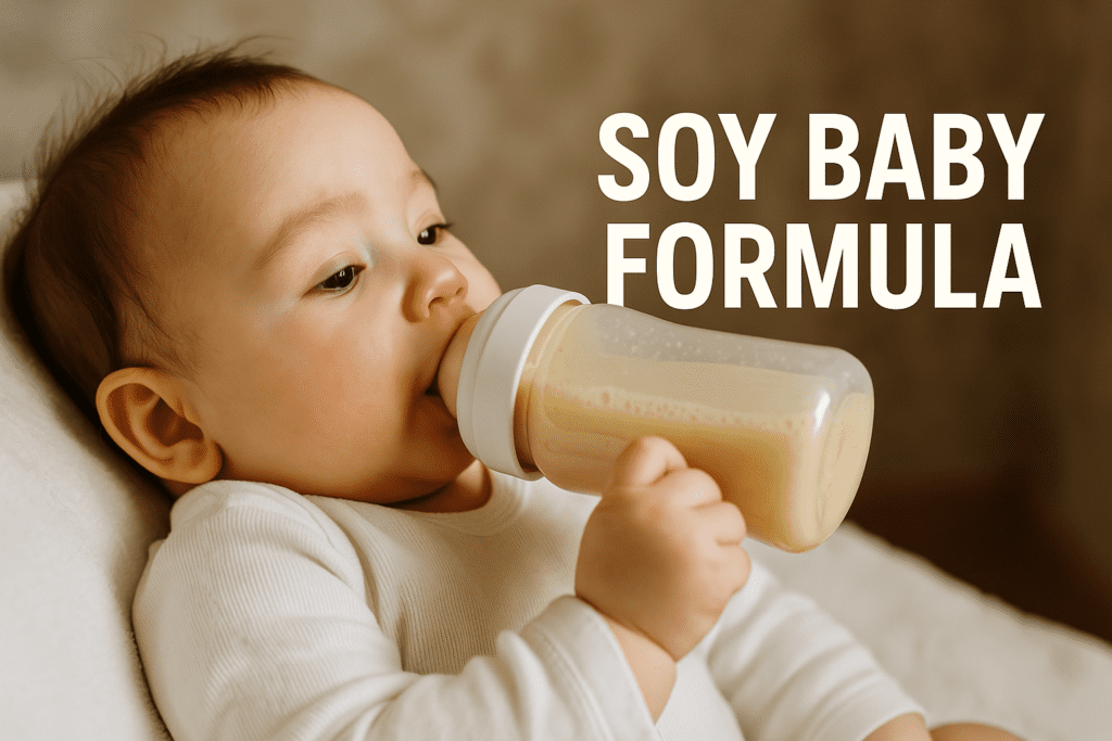 A baby in a white outfit drinks from a bottle while lying down. Large text beside the baby reads, “Soy Baby Formula.”.
