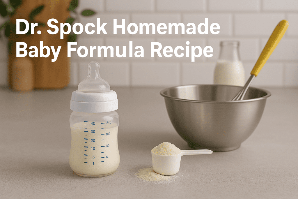 Baby bottle filled with formula, a scoop of powdered formula, and a metal mixing bowl with a whisk, with text reading "Dr. Spock Homemade Baby Formula Recipe.