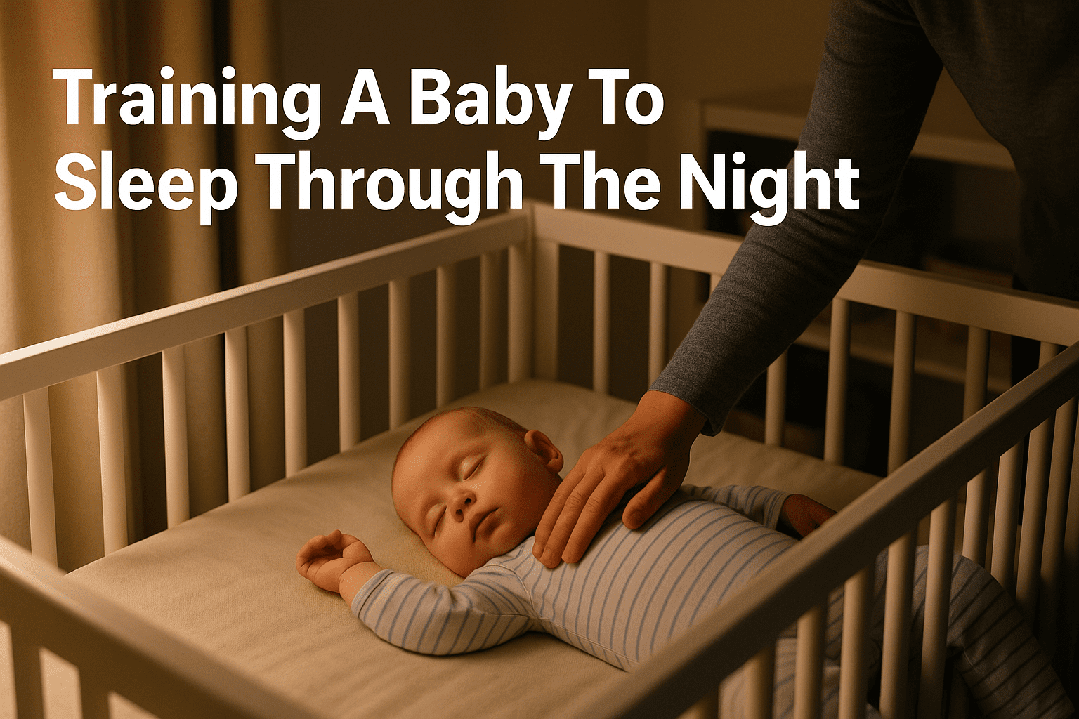 An adult gently soothes a sleeping baby in a crib, with the text "Training A Baby To Sleep Through The Night" overlaid.