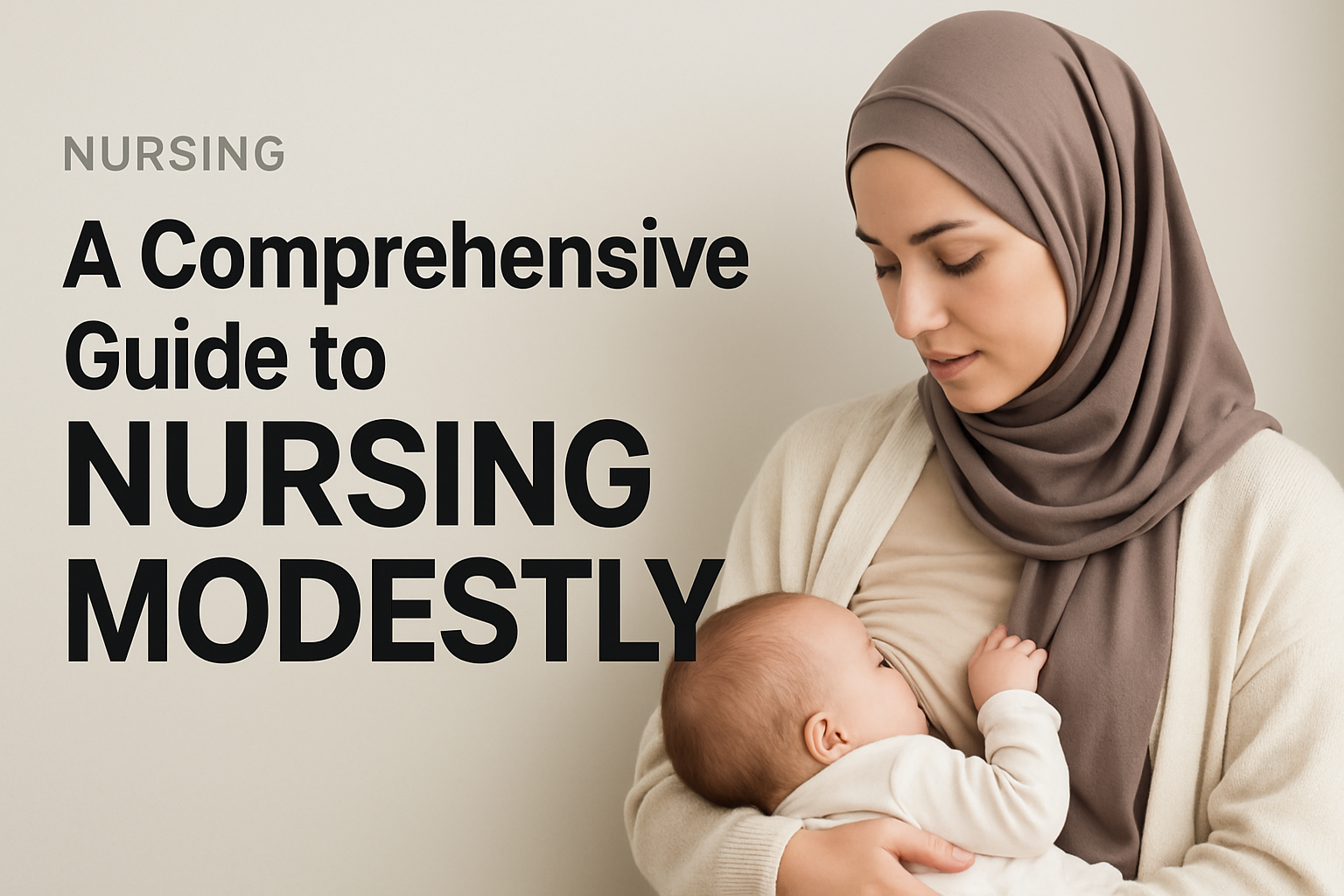 A woman wearing a hijab breastfeeds an infant while looking down; text reads "A Comprehensive Guide to Nursing Modestly.