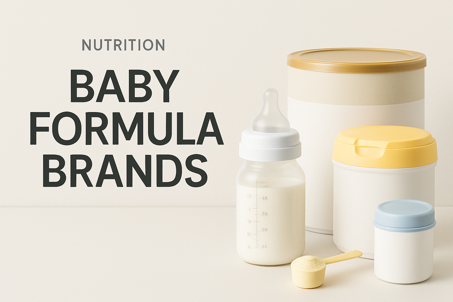 Assorted baby formula containers, a filled baby bottle, a measuring scoop, and canisters are arranged on a neutral background next to the text “Baby Formula Brands.”.