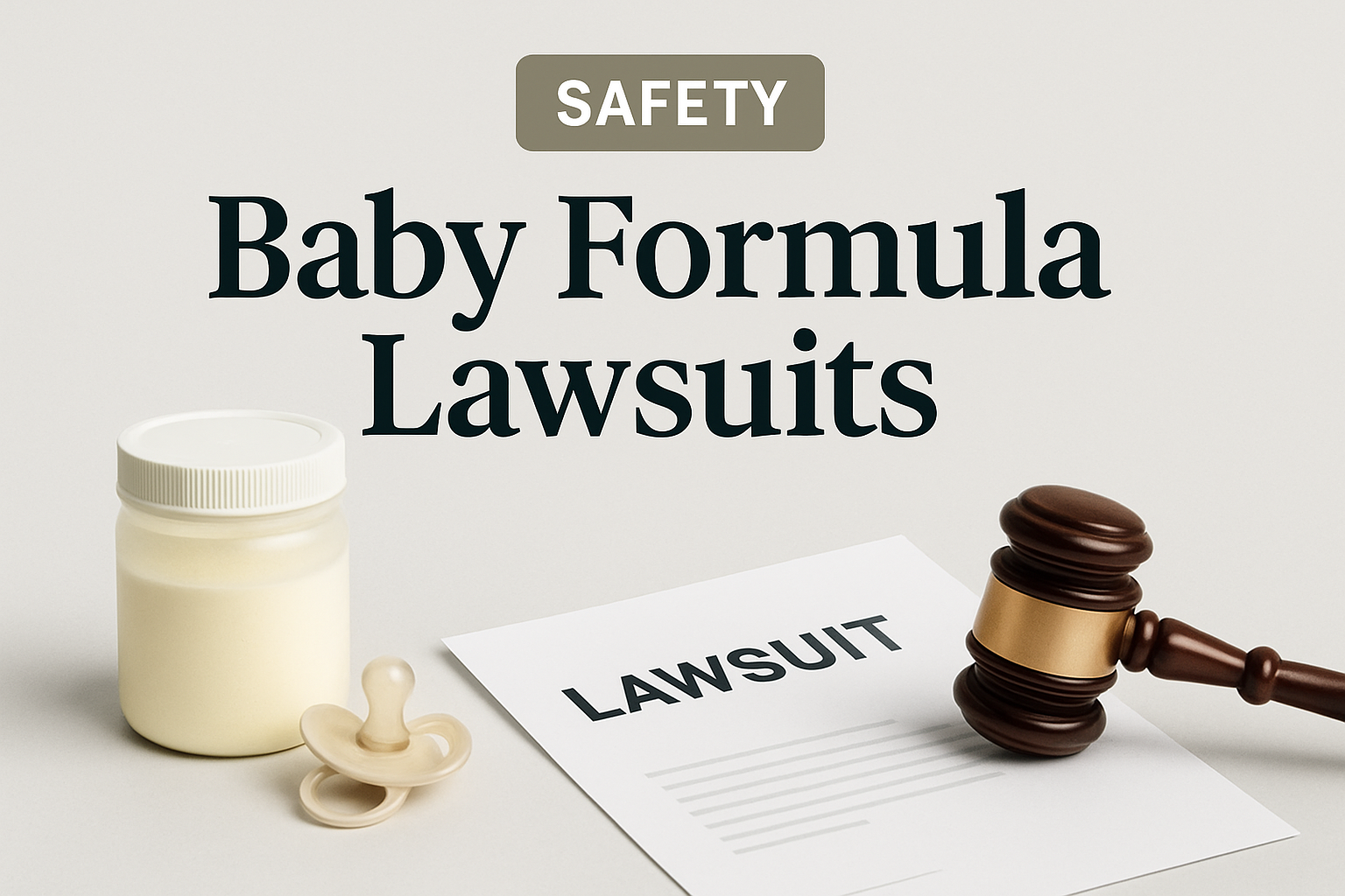 A jar of baby formula, a pacifier, a lawsuit document, and a judge’s gavel arranged on a light surface with the headline "Baby Formula Lawsuits.