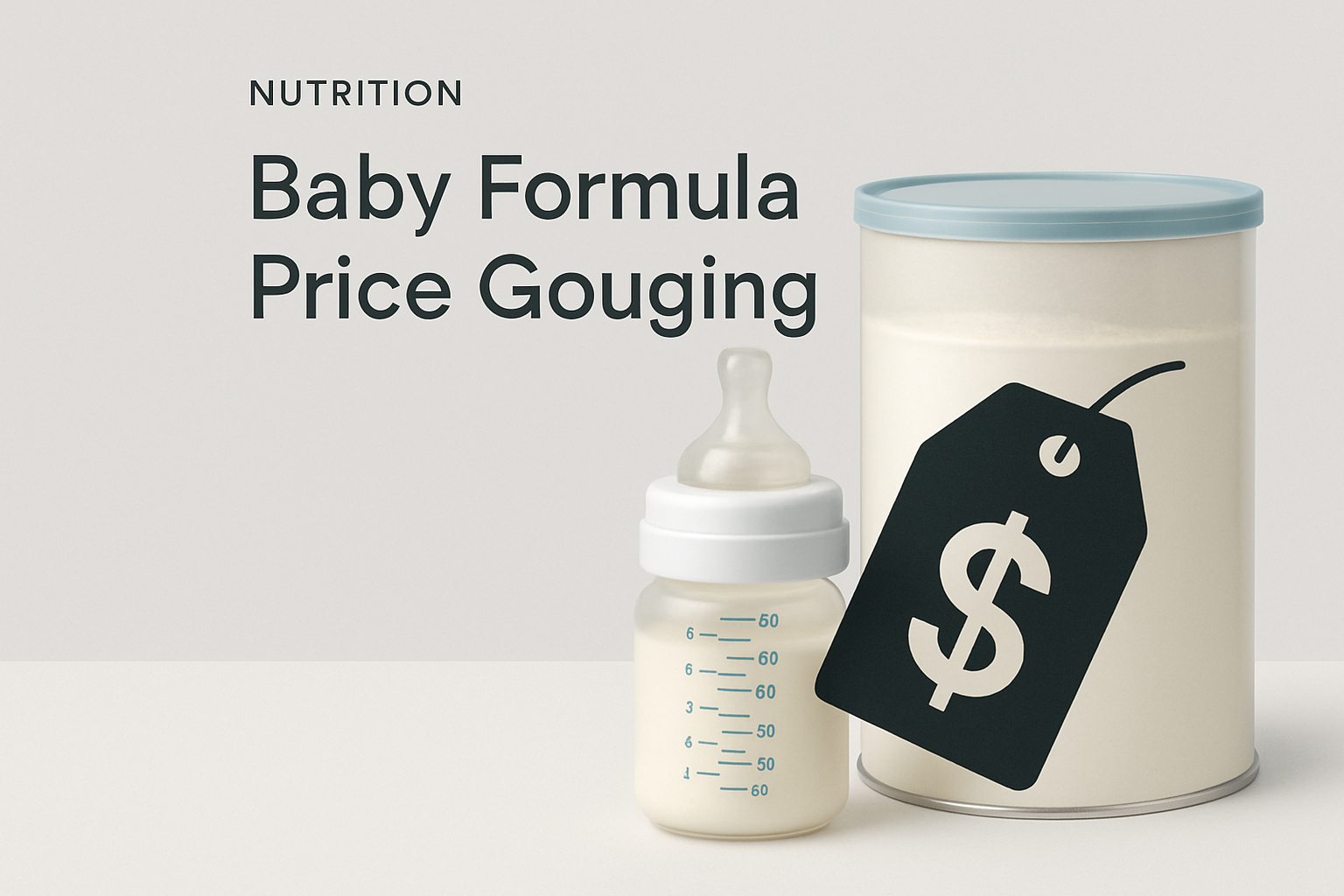 A baby formula can and bottle are shown with a large price tag symbol; the text reads “Baby Formula Price Gouging.”.