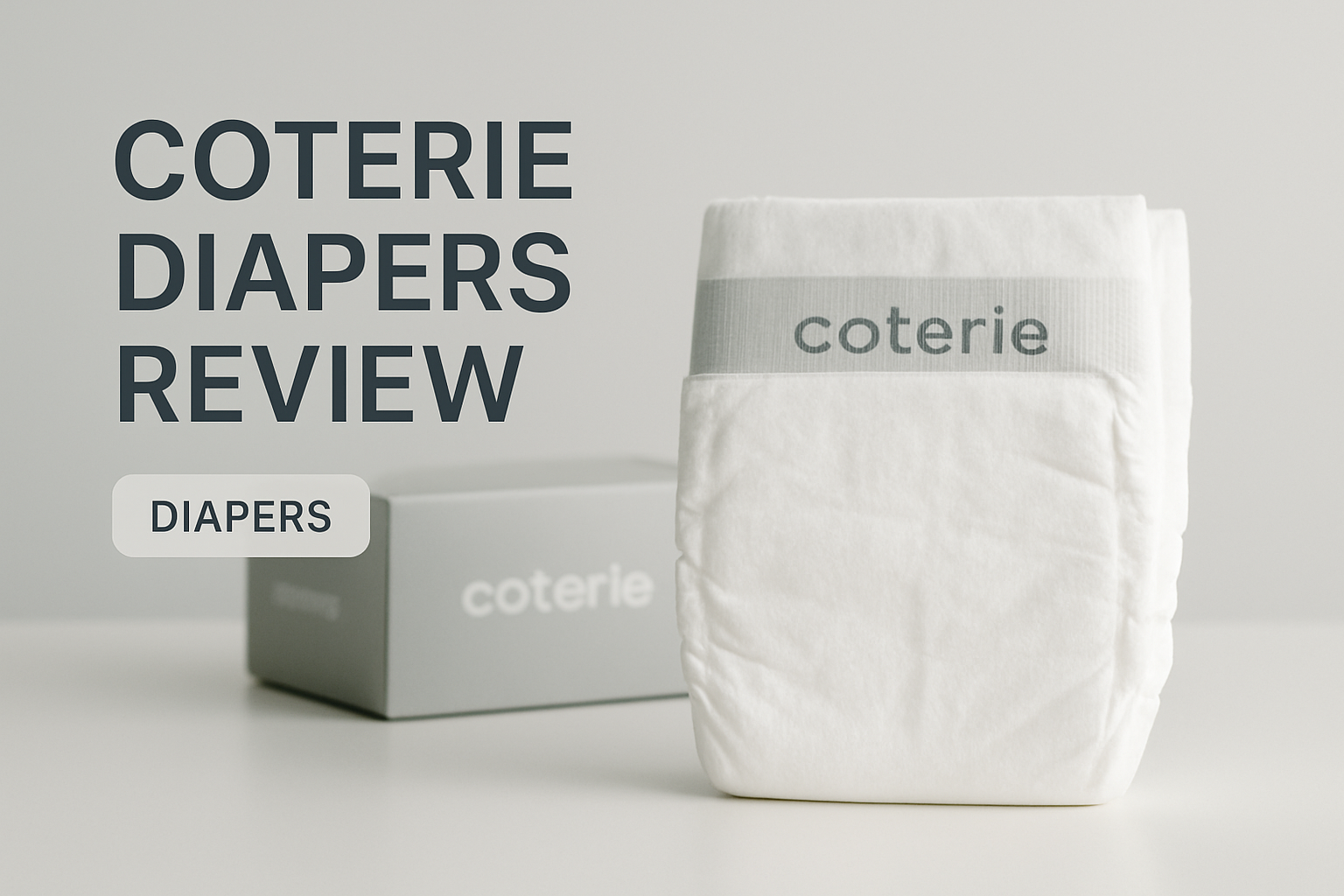 A Coterie diaper stands upright in front of a gray Coterie box, with the text "Coterie Diapers Review" and a "Diapers" label on the left.