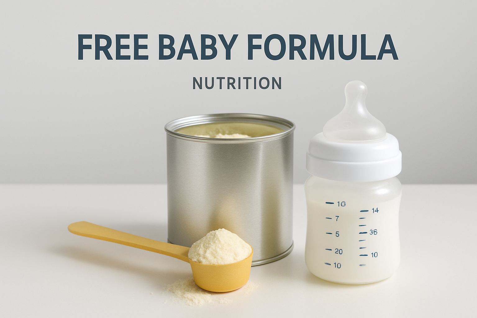 A can of baby formula, a filled baby bottle, and a yellow scoop of powdered formula are displayed on a white surface with the text “FREE BABY FORMULA NUTRITION” above.