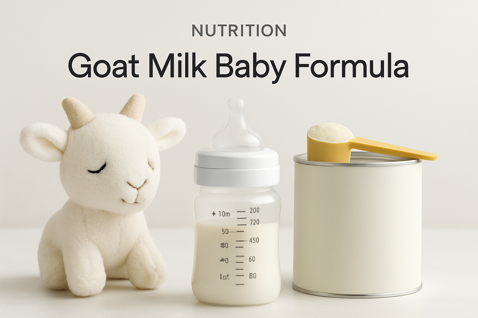 A plush goat, a baby bottle filled with milk, and a can of formula with a scoop are arranged side by side beneath the words "Goat Milk Baby Formula.