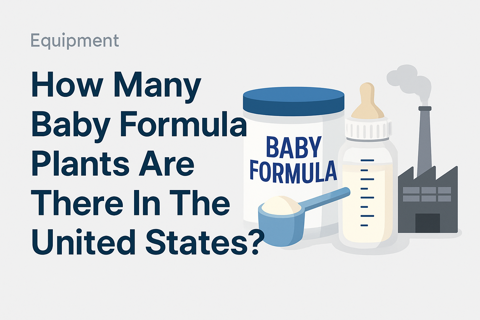 Illustration of a baby formula container, baby bottle, scoop, and factory next to the text: "How Many Baby Formula Plants Are There In The United States?.