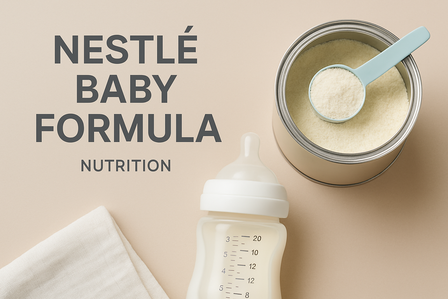 A tin of Nestlé baby formula with a scoop, a baby bottle, and a cloth on a beige surface. Text reads "Nestlé Baby Formula Nutrition.