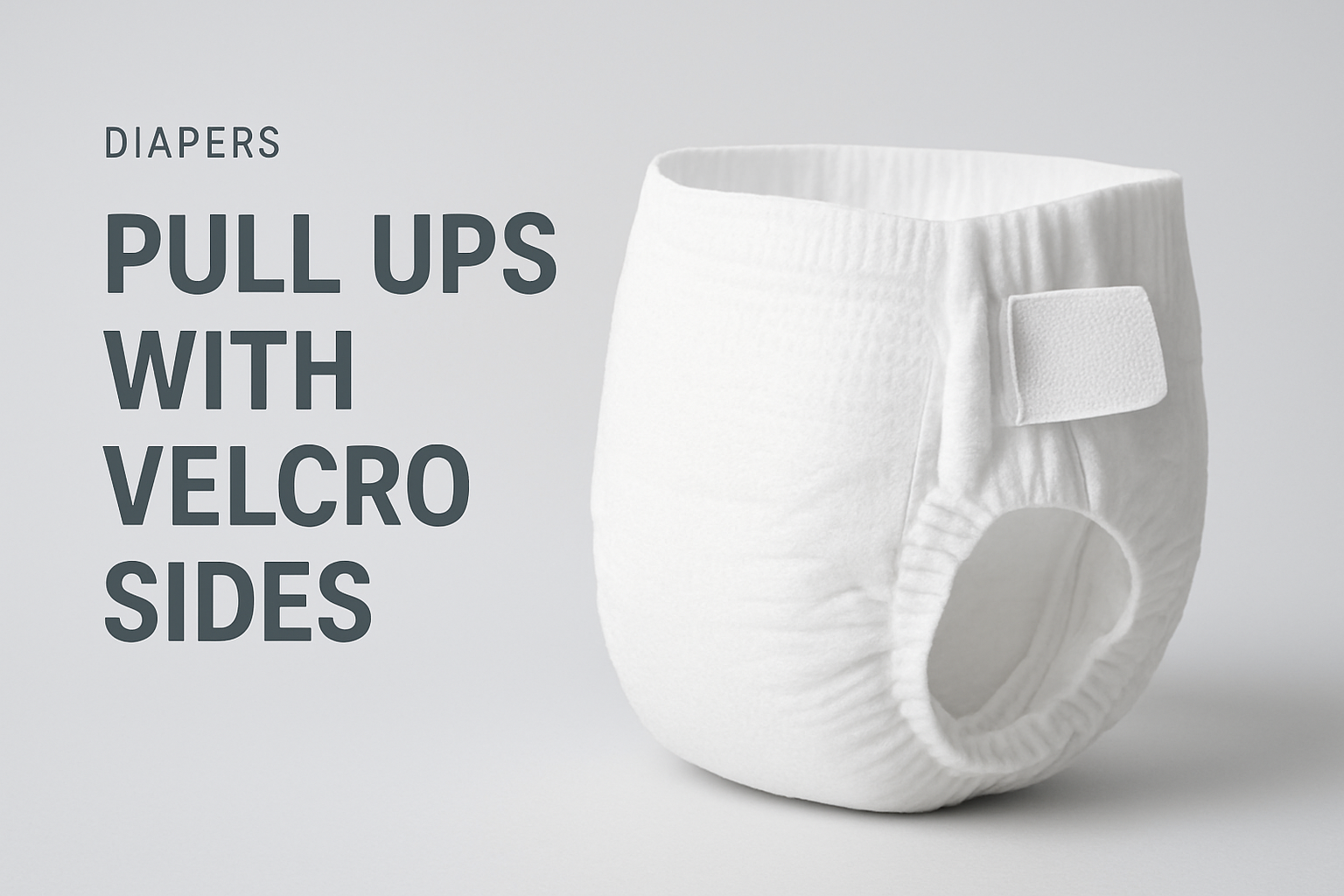A white pull-up diaper with Velcro sides is displayed on a light background, with the text "Diapers: Pull ups with Velcro sides" to the left.