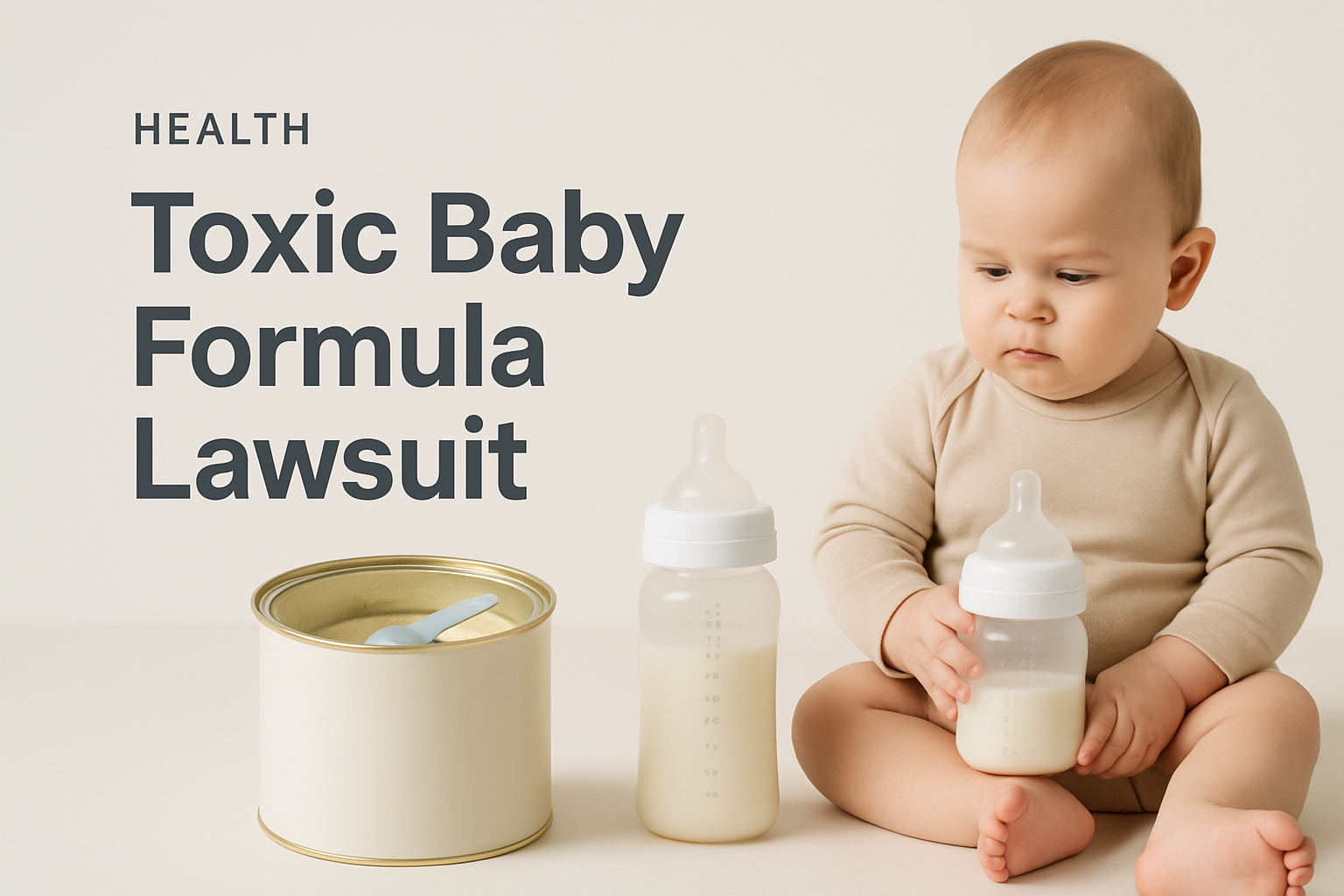 A baby sits next to a can of formula and two baby bottles, with the text "Toxic Baby Formula Lawsuit" displayed beside them.