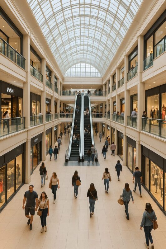 Spacious two-level shopping mall with escalators